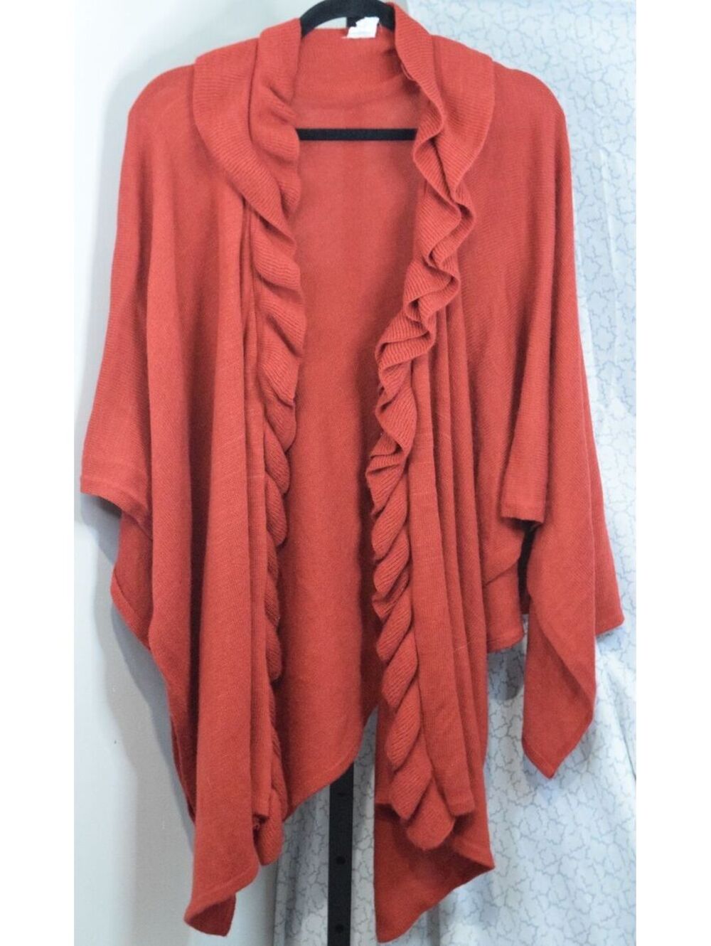 CJ Banks Ruffle Front Cascade Cardigan Wrap Rust Knit Open Front One Size